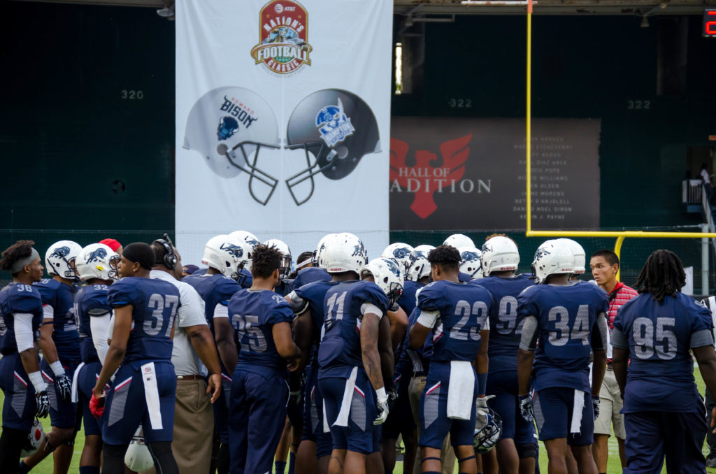 The Howard Bison football team huddle up during the 2016 AT&T Nation's Classic Saturday, September 17. (Photo Credit: Zachary Stephens, Staff Photographer/The Hilltop)